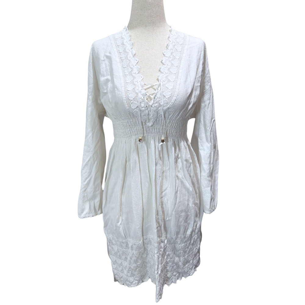 Seaspice White Peruvian Cotton Boho Lace Up Smocked Mini Dress Womens Large L